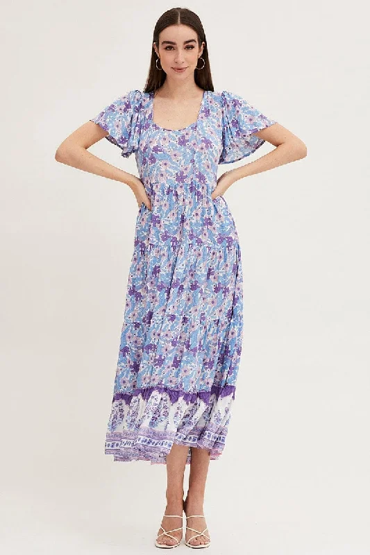 Iridescent club dress-Boho Print Hem Frill Dress Short Sleeve Maxi Square Neck