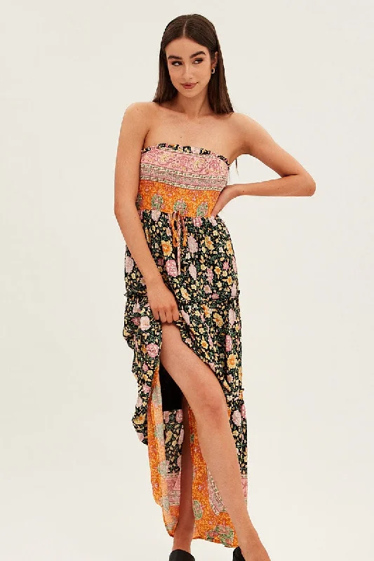 Risky slotted dress-Boho Print Maxi Dress Bandeau Sun Dress