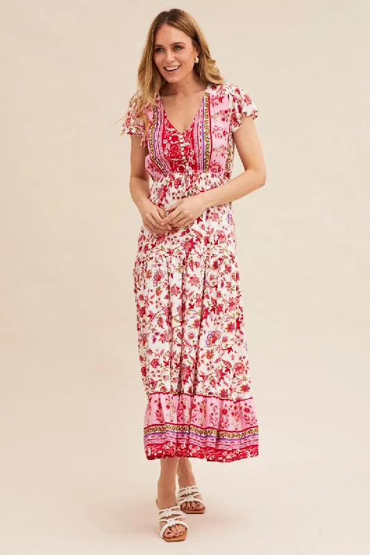 Bell-fit party dress-Boho Print Maxi Dress Short Sleeve V-Neck