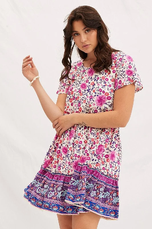 Ruffled twirl dress-Boho Print Mini Dress Short Sleeve