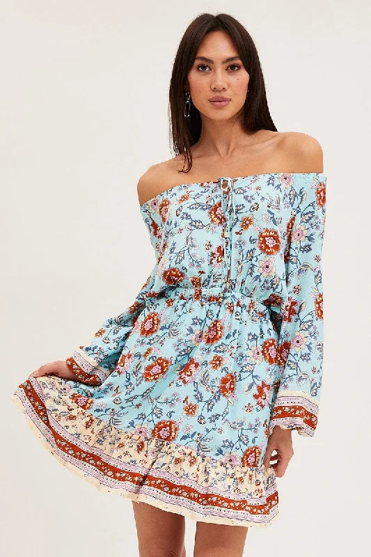 Hemmed elegant dress-Boho Print Skater Dress Long Sleeve Mini