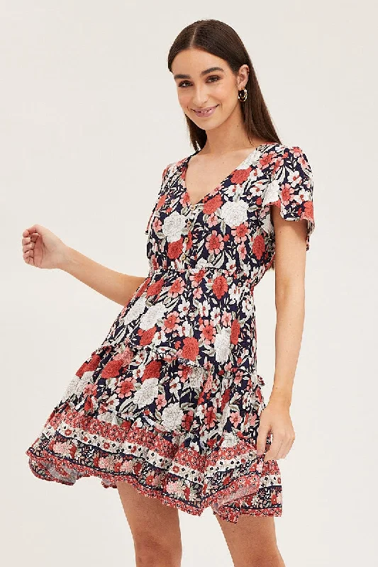 Swirl mini dress-Boho Print Skater Dress Short Sleeve Mini V Neck