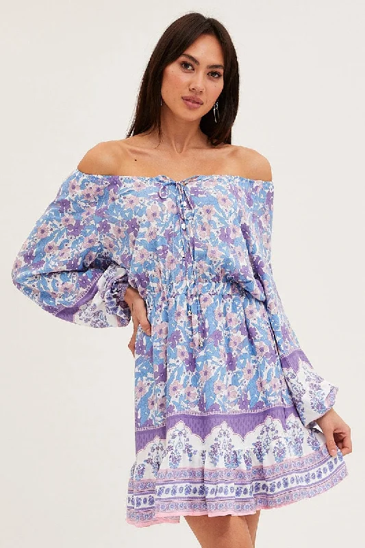 Gemstone party dress-Boho Print Tie Waist Dress Long Sleeve Mini