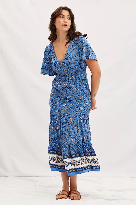 Easy twill dress-Boho Print V-Neck Short Sleeve Midi Dress