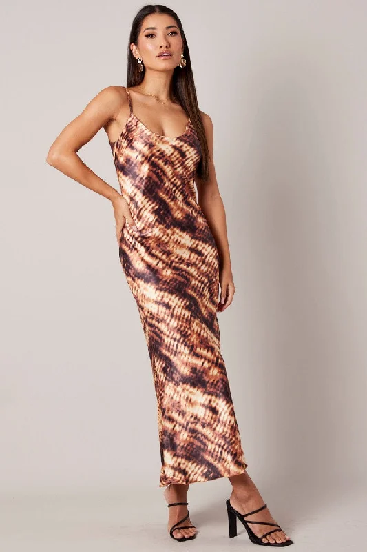 Claret evening dress-Brown Abstract Maxi Dress Strappy