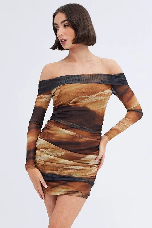 Bell-fit dress-Brown Abstract Mini Dress Bardot Off Shoulder Bodycon Ruched