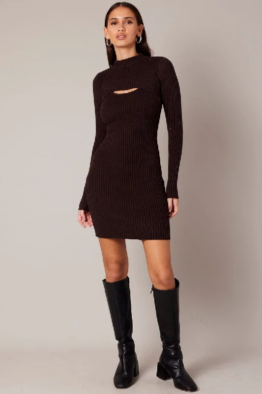 Neat office dress-Brown Knit Dress and Shrug Set Mini