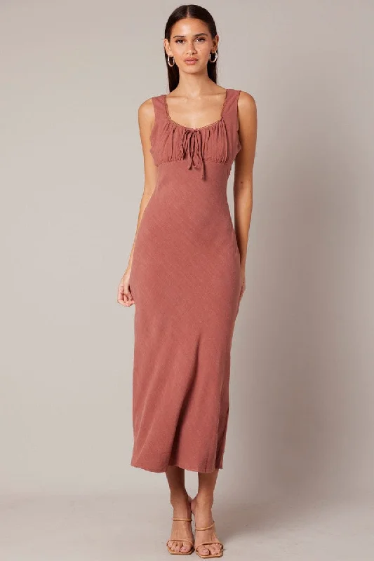 Streamer bohemian dress-Brown Maxi Dress Sleeveless