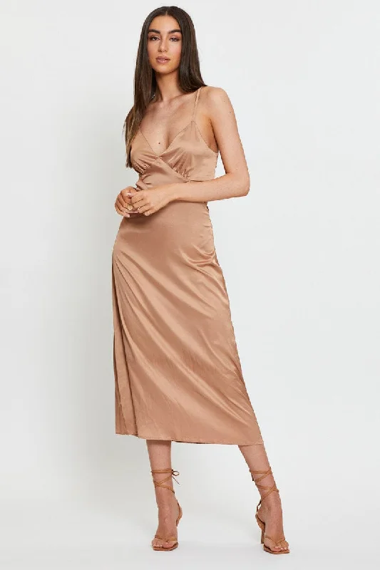 Heirloom floral dress-Brown Midi Dress Satin