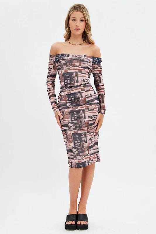 Star bejeweled dress-Brown Print Midi Dress Bardot Off Shoulder Bodycon Ruched