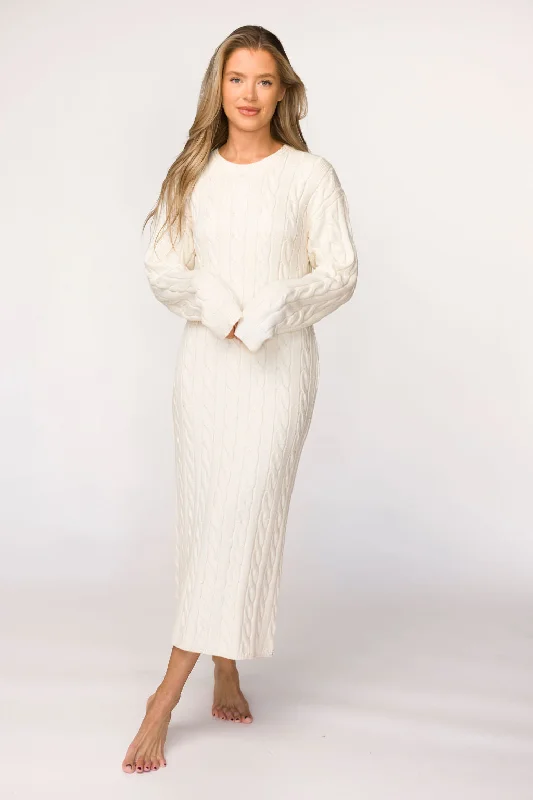 Pleated evening dress-Winslet Cable Knit Maxi Dress in Cream