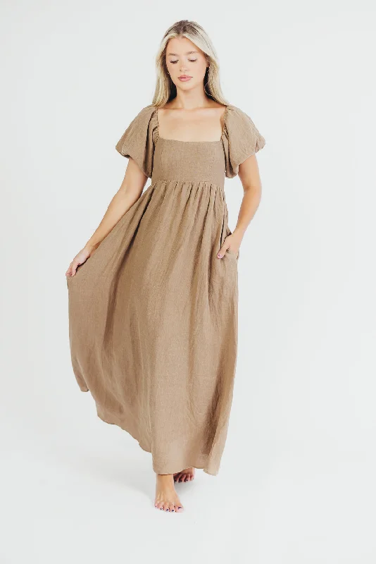 Woven embroidered dress-Candace Maxi Dress in Mocha - 100% Linen - Bump Friendly