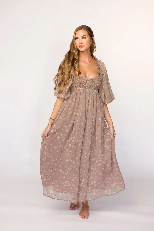 Knotted work dress-Harlow Maxi Dress in Taupe Floral - Bump Friendly