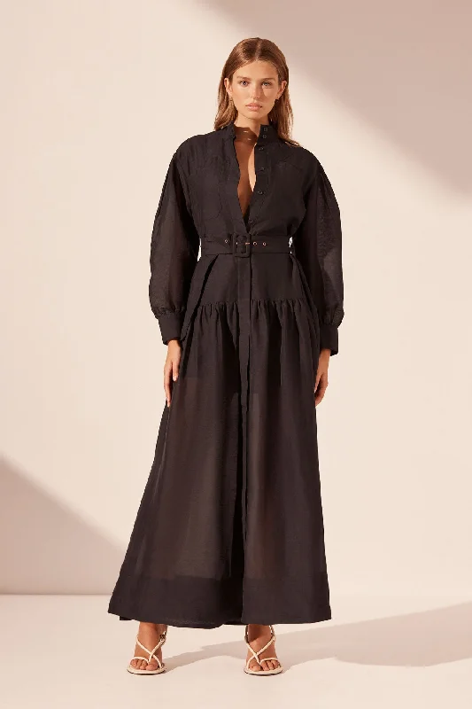 Offbeat trendy dress-CELESTE LONG SLEEVE TIERED SHIRT MAXI DRESS - BLACK