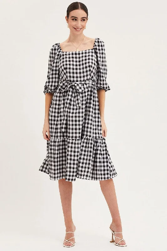 Cheer parade dress-Check Dress Puff Sleeve Maxi