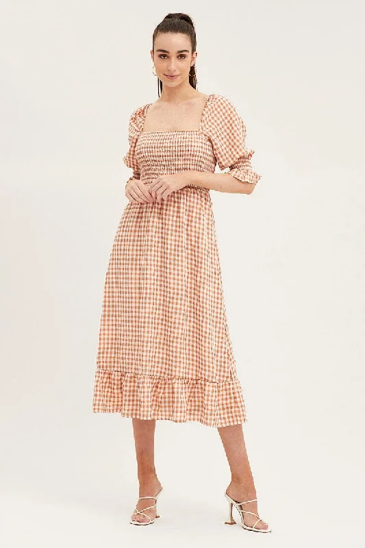 Dune beige dress-Check Shirred Bust Midi Dress