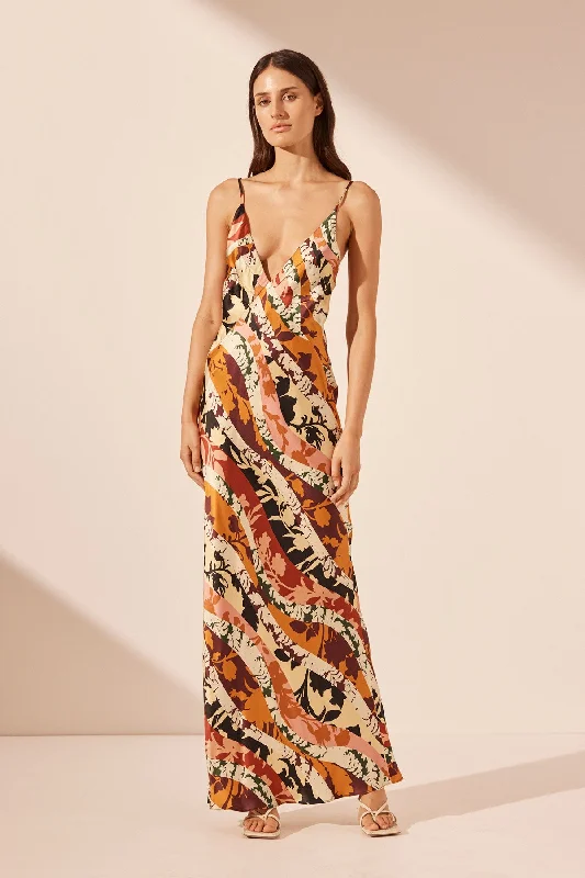 Satin ball gown dress-CIELO SILK PLUNGED MAXI DRESS