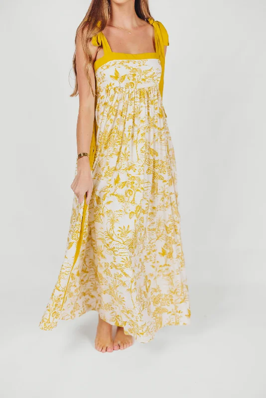 Relaxed casual dress-Sunny Floral Maxi Dress with Tie Straps in Goldenrod