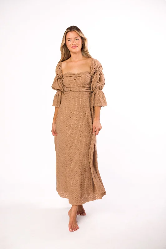 Voile evening dress-Corrine Tiered Sleeve Maxi Dress with Pockets in Caramel Taupe - Bump Friendly