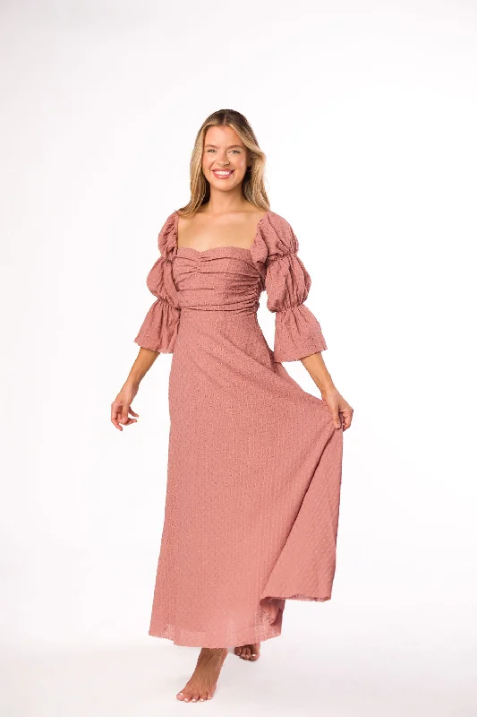 Lantern-sleeve picnic dress-Corrine Tiered Sleeve Maxi Dress with Pockets in Dusty Mauve - Bump Friendly