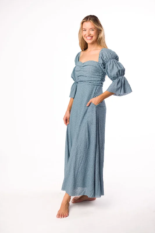 Crepe cocktail dress-Corrine Tiered Sleeve Maxi Dress with Pockets in Dusty Sky - Bump Friendly