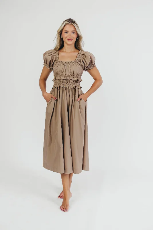 Braided beach dress-Raquel Cotton-Poplin Midi Dress in Dark Natural - Bump Friendly