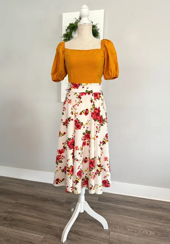 Quilted peasant dress-Demi Floral Midi Skirt - Red/White Mix