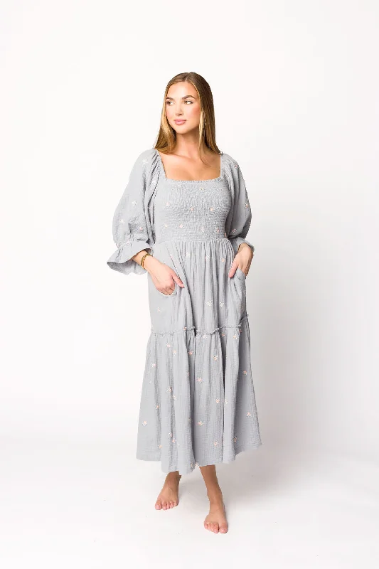 Crest-collared dress-Evie Floral Maxi in Steel Blue - Bump Friendly