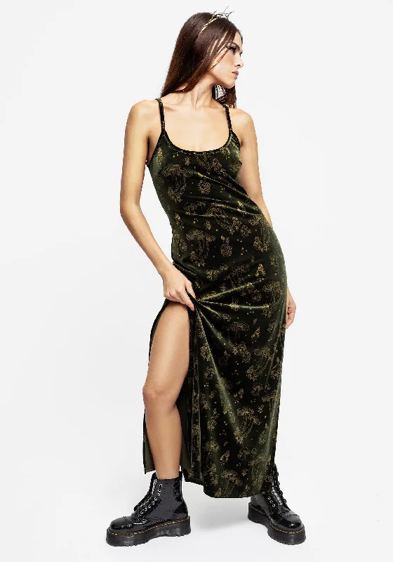 Twirl plaid dress-Faefire Foil Print Velour Maxi Slip Gown - Green