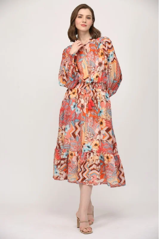 Woven embroidered dress-Fall Floral Patchwork Midi Dress