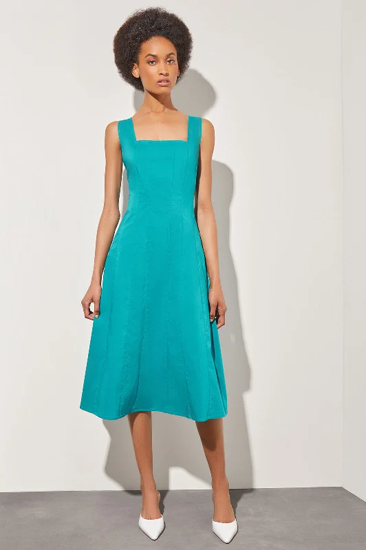 Tufted fall dress-Fit & Flare Midi Dress - Square Neck Cotton Blend, Bermuda