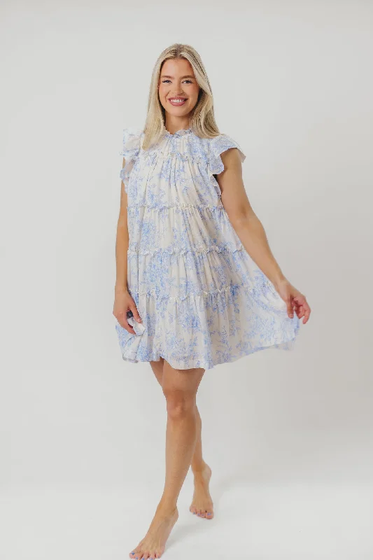 Box-pleat work dress-Adaline Babydoll Mini Dress with Flutter Sleeves in Off-White/Baby Blue