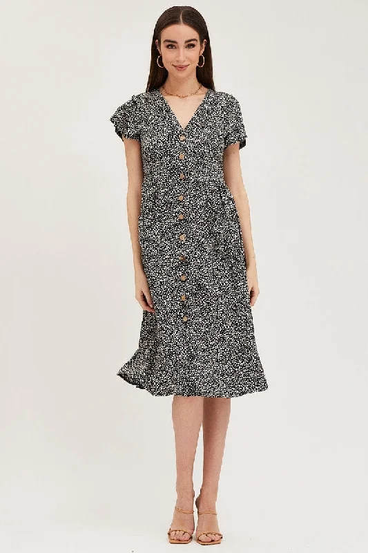 Splash-dye festival dress-Geo Print Pocket Front Button Midi Dress