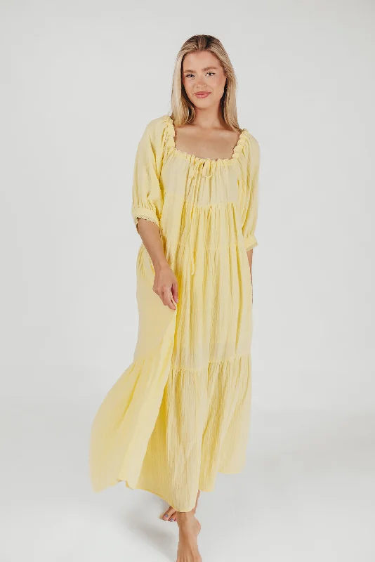 Satin ball gown dress-Goddess 100% Cotton Babydoll Maxi Dress in Light Yellow - Bump Friendly