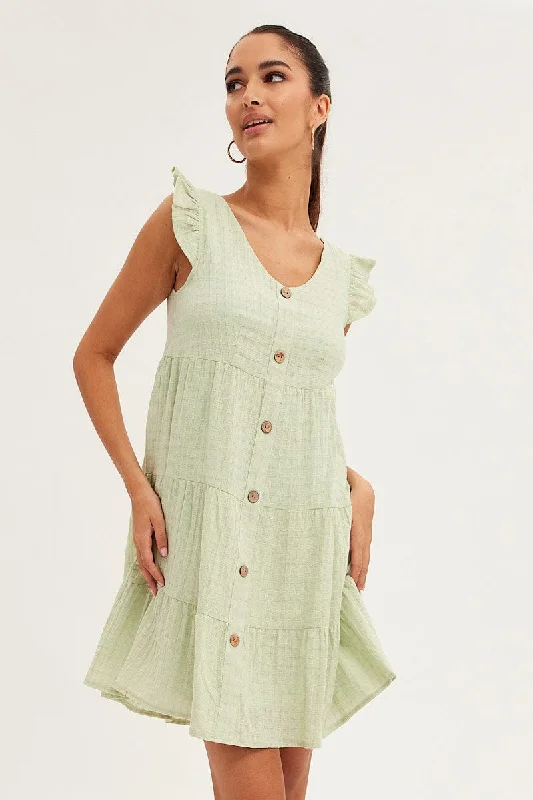 Tucked trendy dress-Green Button Front Mini Swing Dress