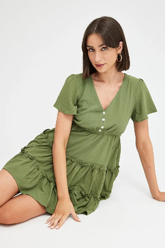 Dappled patchwork dress-Green Fit And Flare Dress Short Sleeve Mini