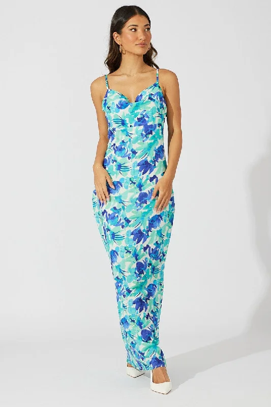 Amber party dress-Green Floral Maxi Dress Slip Cami Watercolour Print