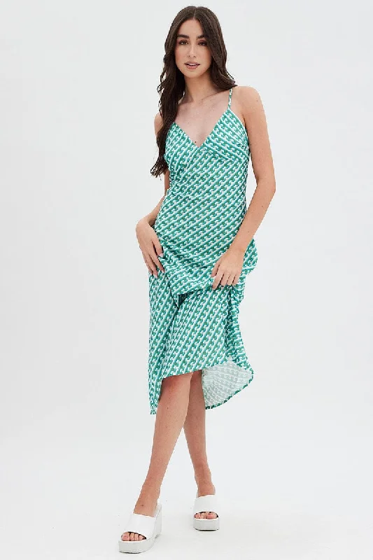 Relaxed casual dress-Green Geo Midi Dress V-Neck Sleeveless