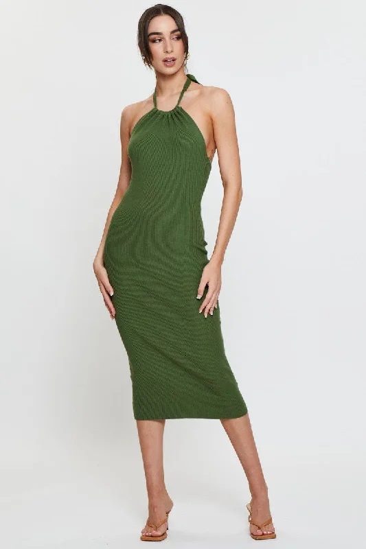 Snug fitted dress-Green Knit Dress Midi Halter Neck