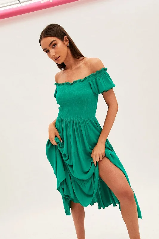 Chill relaxed dress-Green Maxi Dress Puff Sleeve Square Neck