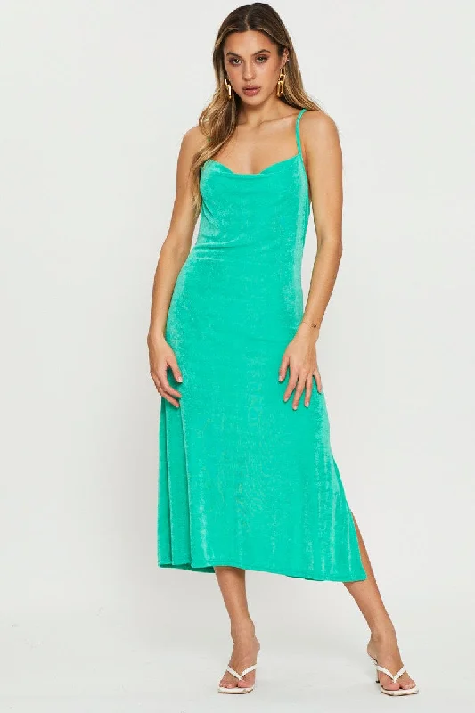 Silky georgette dress-Green Midi Dress Cowl Neck