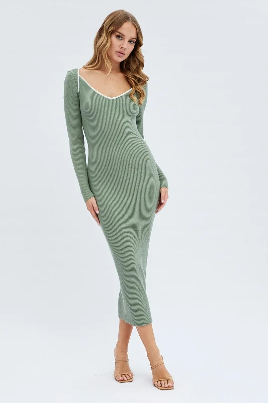 Gala glitzy dress-Green Midi Dress Long Sleeve Sweetheart Contrast Bind