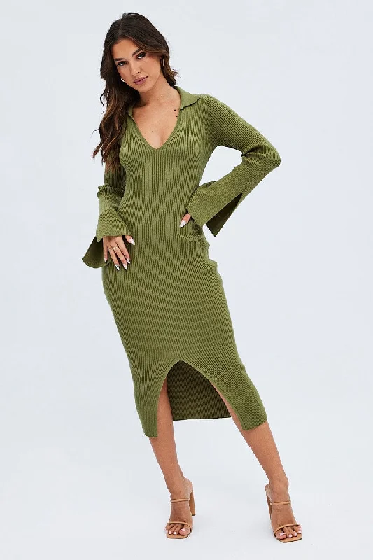 Day relaxed dress-Green Midi Dress Long Sleeve V-Neck Collared Knit