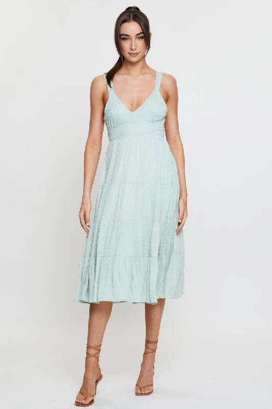 Loose peasant dress-Green Midi Dress Sleeveless V Neck