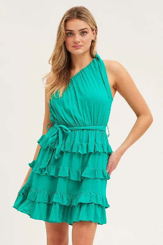 Striped prism dress-Green Mini Dress One Shoulder Sleeveless