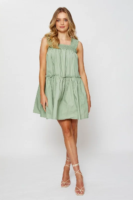 Blended summer dress-Green Mini Dress Sleeveless Square Neck