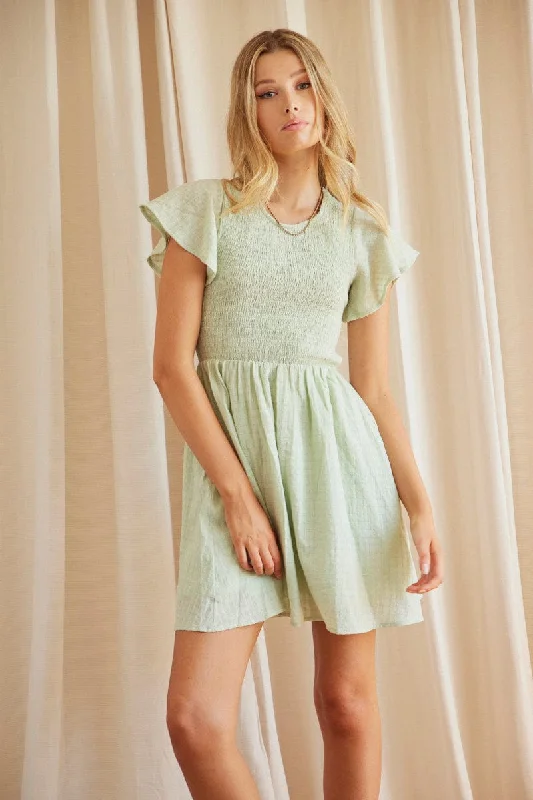 Slack dappled dress-Green Shirred Skater Mini Dress