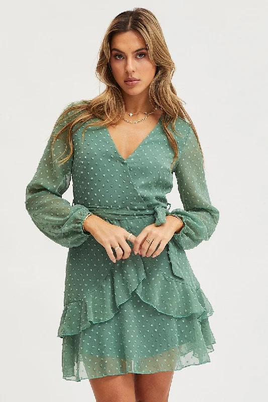 Prairie gingham dress-Green Skater Dress Long Sleeve Mini