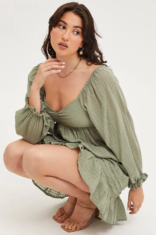 Full windy dress-Green Smock Dress Long Sleeve Mini