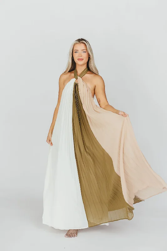 Frayed grunge dress-Stevie Halter Color-Block Pleated Maxi Dress in Olive Multi